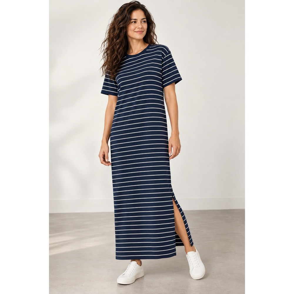 Pact Organic Cotton Striped T-Shirt Maxi Dress Navy White Nautical Coastal XL